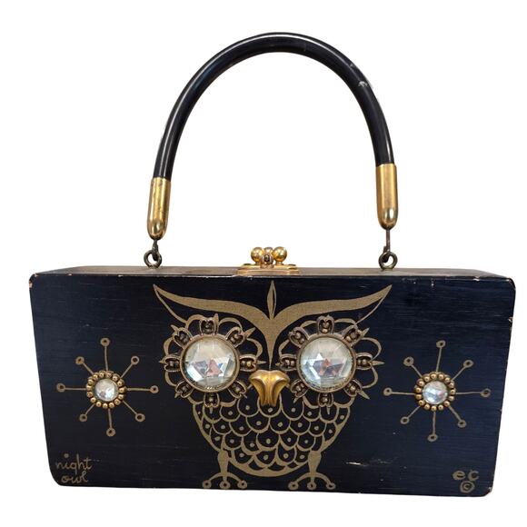 Vintage 1967 Enid Collins of Texas Signed Wooden "Night Owl" Box Bag with Box
